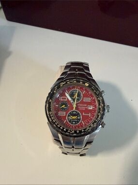 Pulsar Red Dial Stainless Steel Chronograph Watch